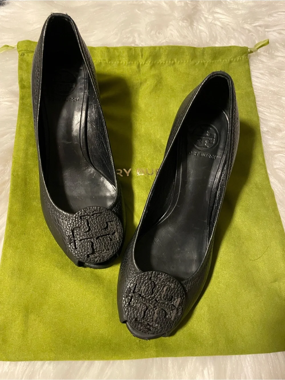 Tory Burch Black Pebbled Very soft Leather Logo Peep-Toe wedge pumps